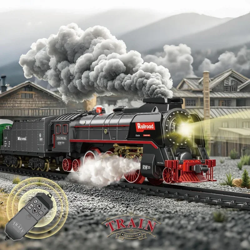 Retro Green Electric Remote Steam Train Set for Kids Model Track Toy for Boys Cross-Border Remote Control Train