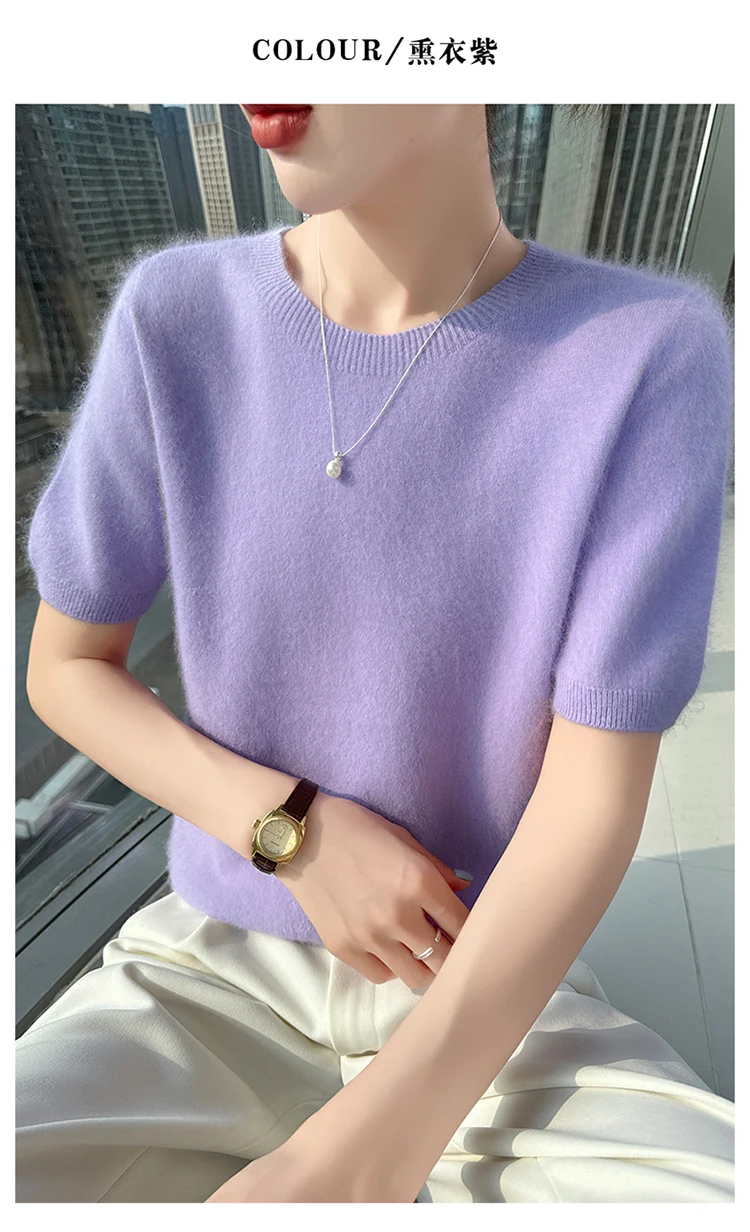 Neuer gestrickter Damen-Pullover aus 100 % Nerz-Kaschmir mit kurzen Ärmeln, einfacher und vielseitiger Damen-Pullover mit O-Ausschnitt der Marke FRSEUCAG – Detail 18