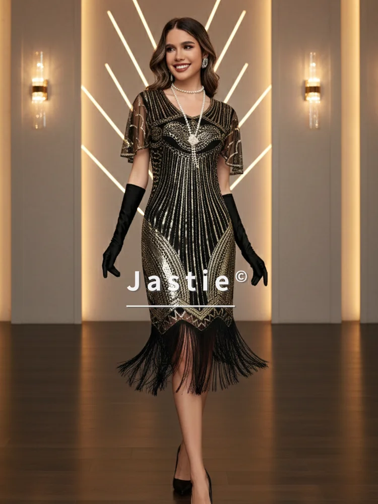 Anni '20 Gatsby Nero Oro Flapper Abito a maniche corte Sheer Mesh Paillettes Art Deco Abito Frangia Orlo Retro Vintage Party Donna Abiti