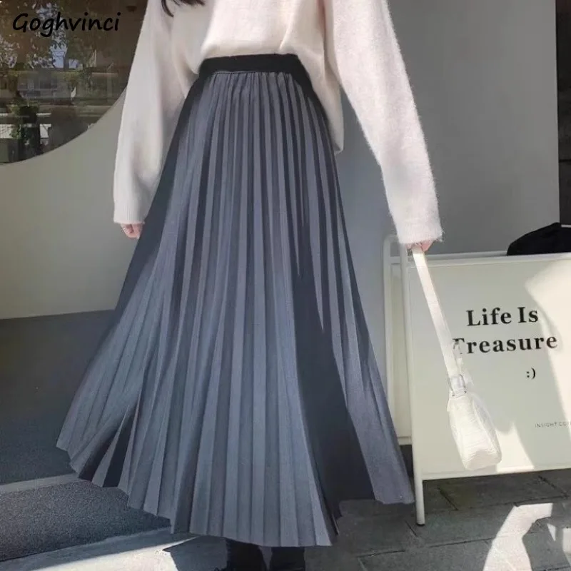 

Pleated Skirts Women Empire Solid Midi All-match Chic Student Preppy Elastic Waist Fall Winter Gentle Stylish Female Temperament