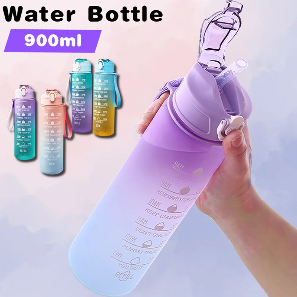 Botella de agua deportiva de 30oz con tapa de bloqueo y marcador de tiempo, botella de agua de Color degradado con pajita y Correa, boca ancha a prueba de fugas