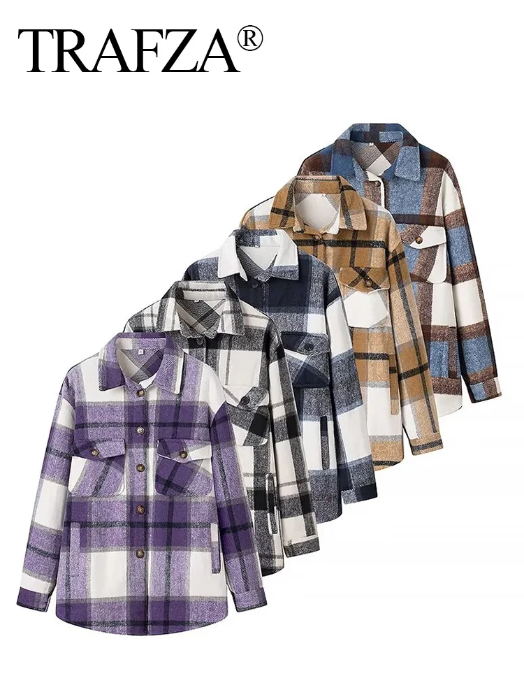 TRAFZA Women Fashion Blouse Plaid Woolen Turn-Down Collar Coat Autumn Woman Long Sleeves Single Breasted Pockets Casual Shirts