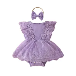 Barboteuse avec bandeau pour bébé fille de 0 à 18 mois, vêtements pour nouveau-né, robe violette en fibtulle, tenue d'été