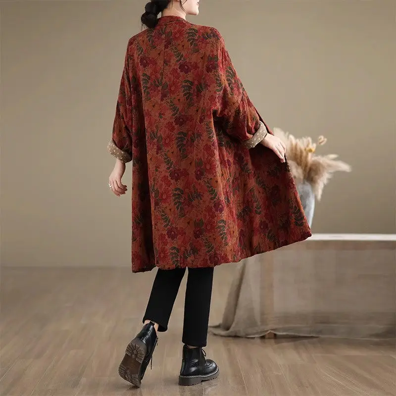 2024 Autumn Winter Cotton Linen Women's Clothing Retro Chinese Ethnic Style Jacket Printed Loose Large Size Quilted Coat K2723