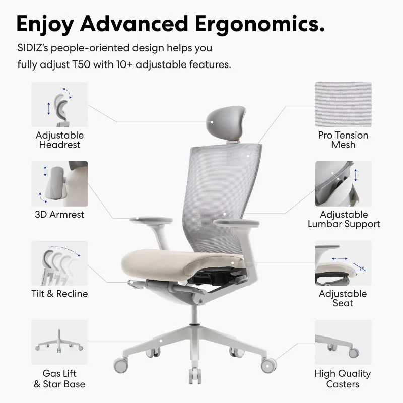 Silla de oficina ergonómica de alto rendimiento, reposacabezas ajustable, inclinación delantera, profundidad de asiento ajustable