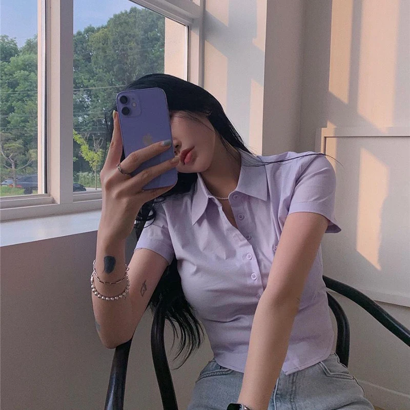 Sweet White Women Short Summer Preppy Style Slim Short Sleeve Female Blouse Korean New Pocket Chic Ladies Casual Crop Tops