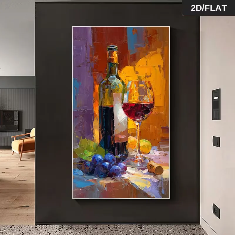 Arte abstracto moderno en lienzo plano 2D con diseño de una botella de vino, uvas y un vaso, con dimensiones de 27,56 por 55,12 pulgadas o