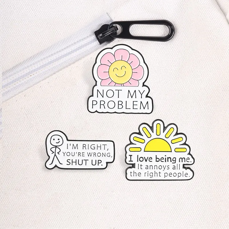 Lustiges, sarkastisches Zitat, Emaille-Abzeichen, „Nicht mein Problem“, Blumen-Anstecknadel, Stick-Figur, Humor, Metall-Brosche, Geschenkidee für Gen Z und Teenager – Detail 4