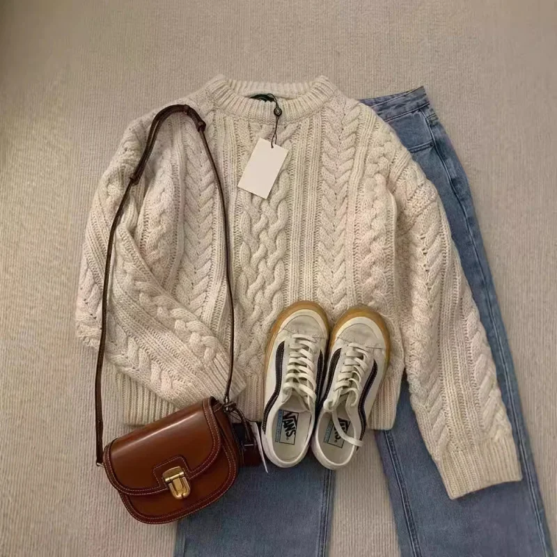 

Korean Style Autumn Winter Retro Knit Sweater Women Thick Loose Lazy Style Slimming Knitted Top Women