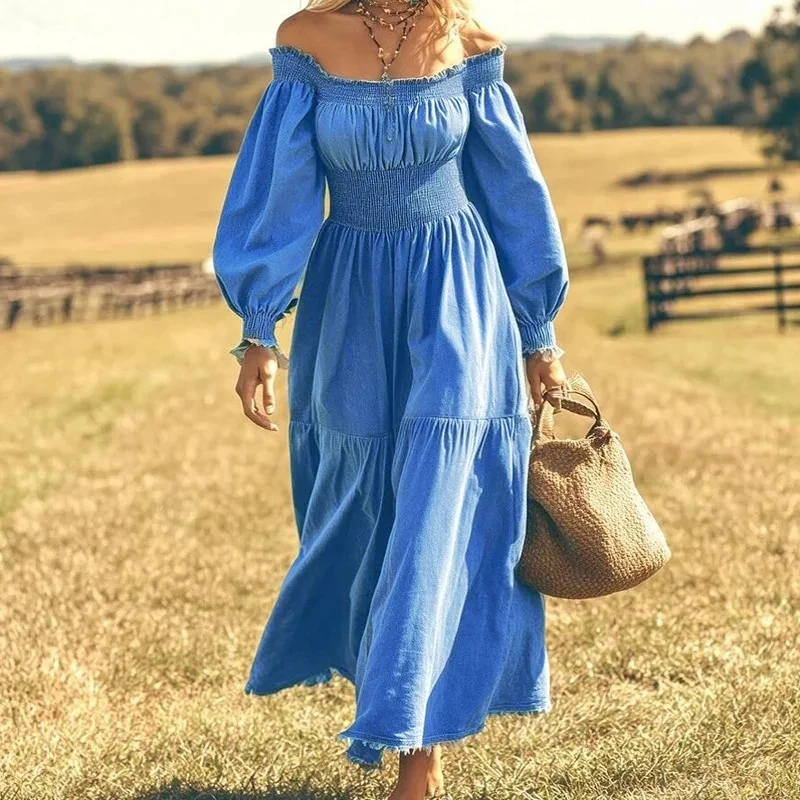 

2026 Autumn New Long Sleeve High Waist Off Shoulder Denim Dress Women Blue Elegant Design Fashion Versatile
