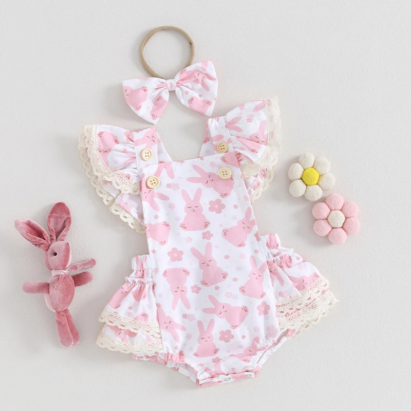 

KMBANGI Newborn Baby Girls Easter Romper Fly Sleeve Square Neck Bunny Print Jumpsuit Headband 2PCS Set