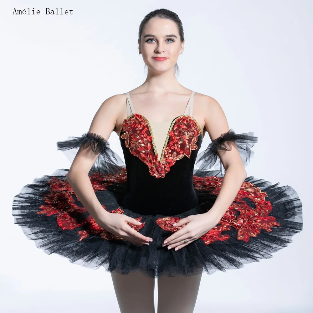 BLL086 Black Stretch Velvet Bodice with Layers of Pleated Tulle Pancake Tutu Sparkling Giltter Tulle Professional Ballet Tutu