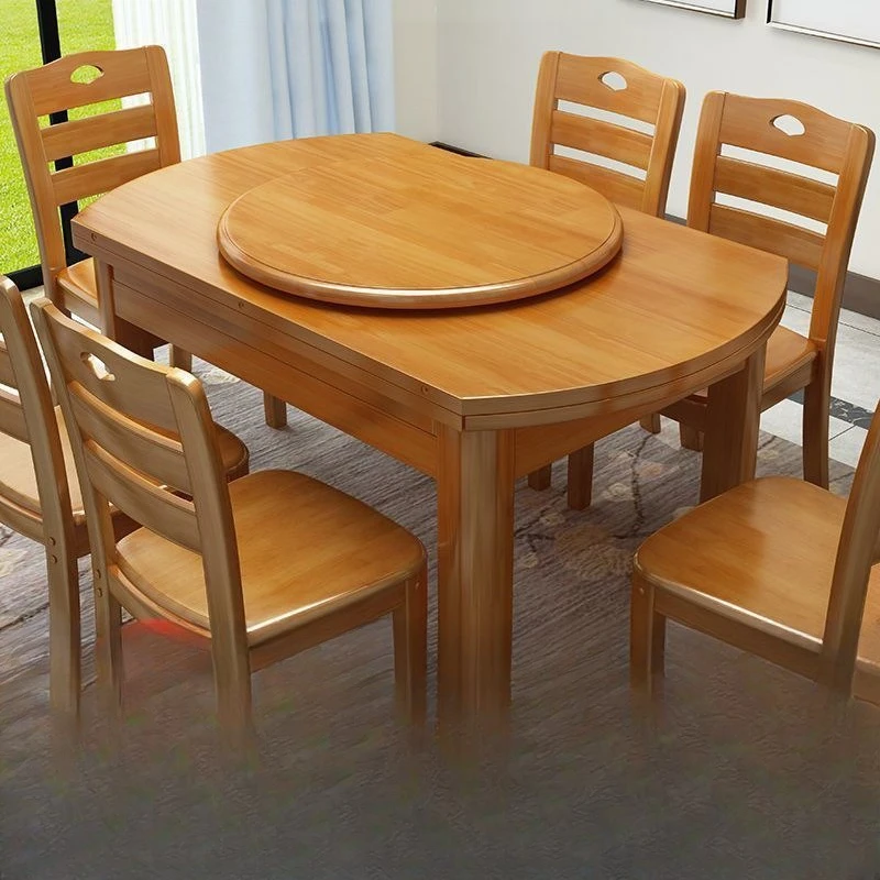 خشب متين، طاولة طعام وكراسي، مجموعة، مربعة ومستديرة، مزدوجة الأغراض، مع قرص دوار