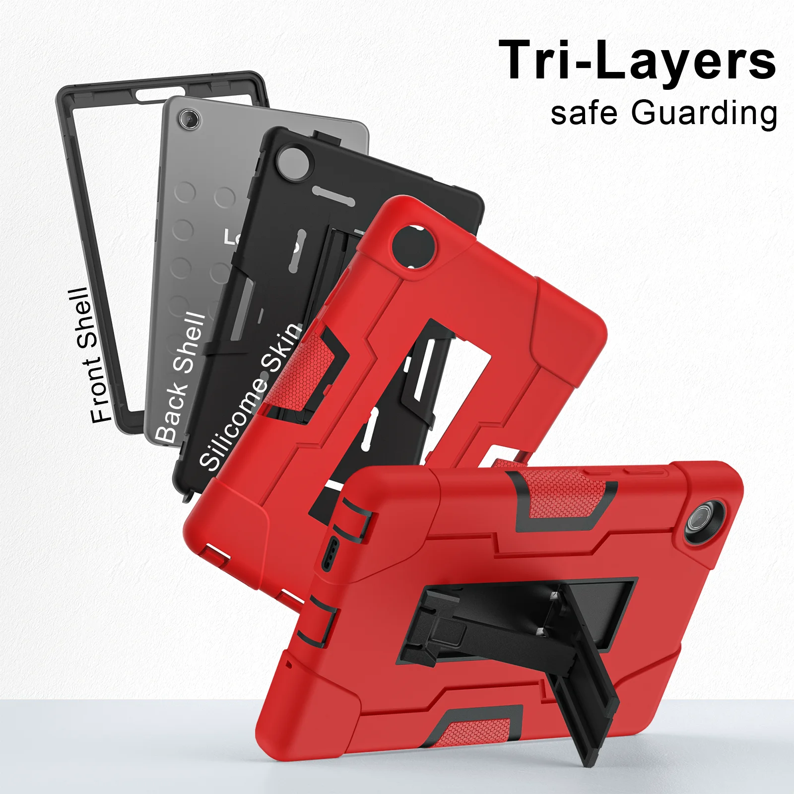 Rugged Kickstand Case For Lenovo Tab One (K9) 2025 8.7 inch Model TB305FU 3-Layers Protection Armor Cover Shockproof PC-Silicone