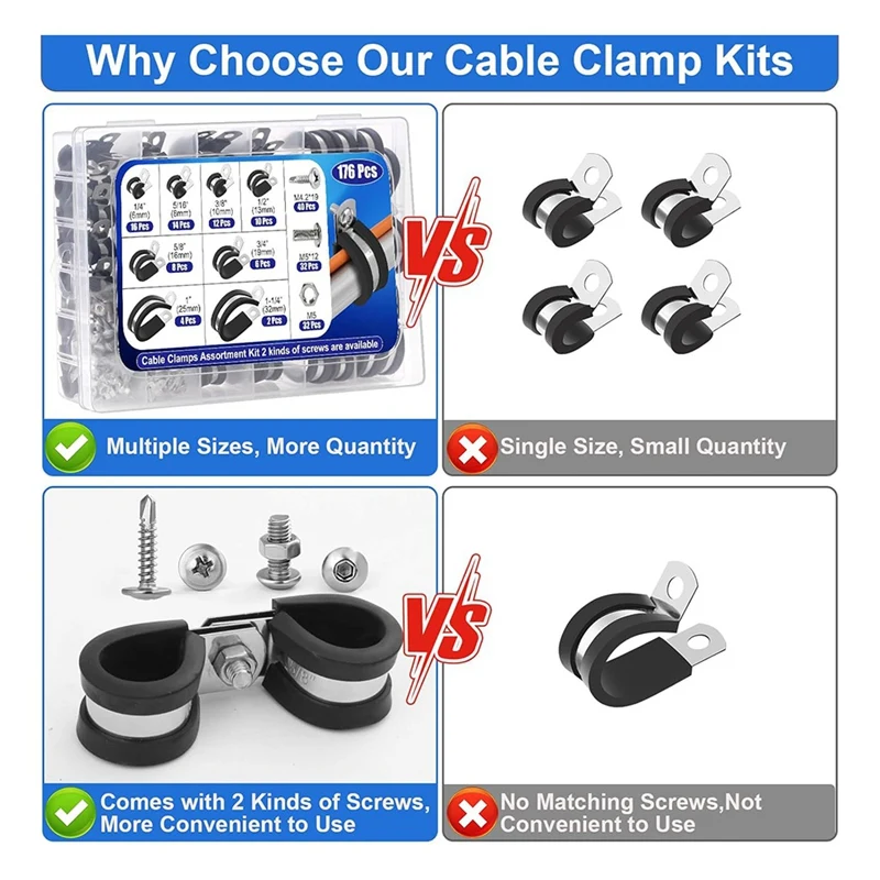 176Pcs Cable Clamps Set, 8 Sizes Rubber Insulated Clamps With 72Pcs Screws, For Wire Cord Automotive Installation