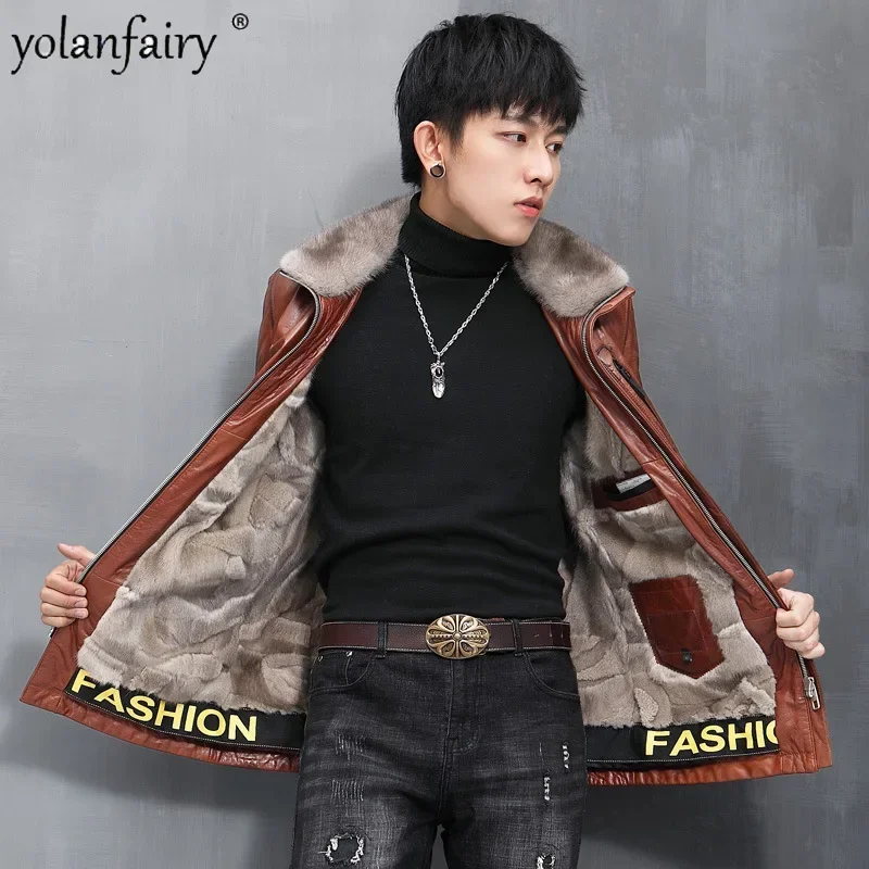 Real Fur Coat Men's Jacket Mink Fur and Leather Integrated Coats for Men Genuine Leather Cowhide Jackets Male Winter Clothing FC