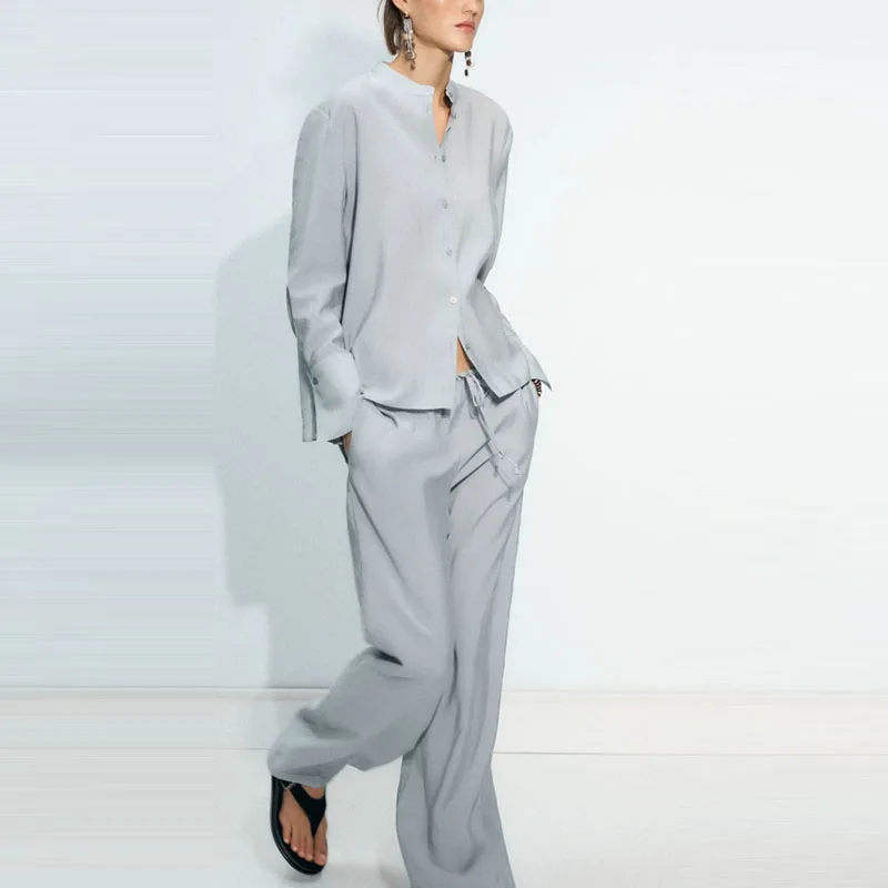 

Z-2202 Новый летний женский комплект Faion с драпировкой Long Sve из полиэфирного волокна и длинные брюки Ele Workwear