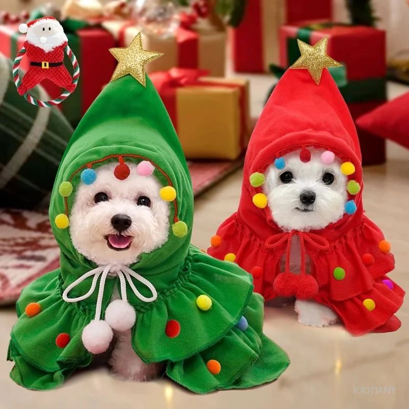 

Pet Christmas Cosplay Costume For Dogs Cats Cute Christmas Tree Hooded Cape Dress Up Small Dog Knitted Coat Home Party Pet Gift