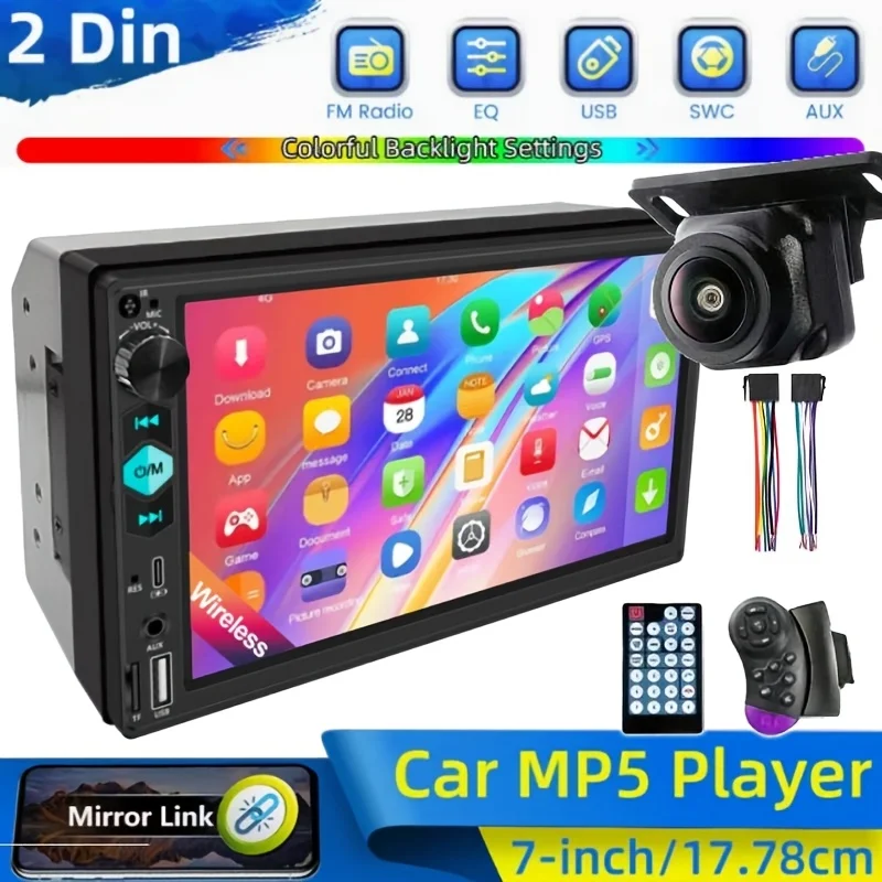 

Автомобильный MP5-плеер с сенсорным экраном 17,78 см | Мультимедийное стерео радио 2DIN с камерой заднего вида, зеркальной связью, SWC, FM/USB/Type-C/AUX/TF