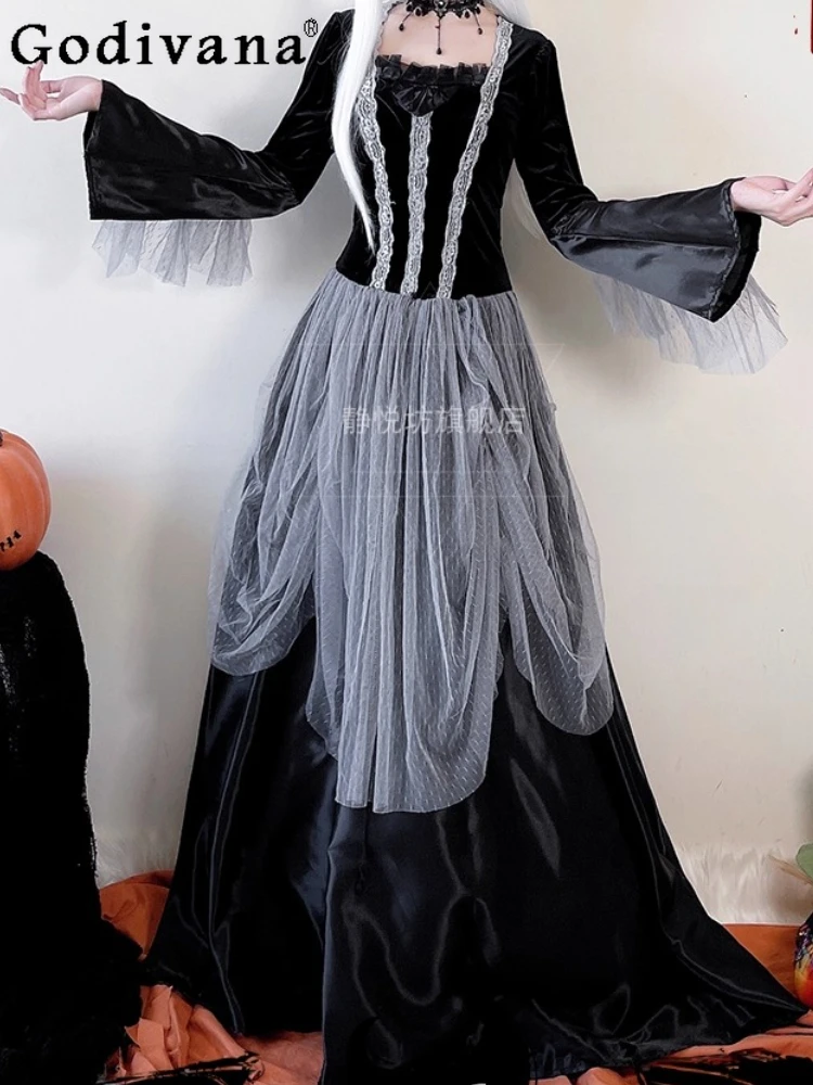 

Halloween Cos Uniform Retro Court Witch Goth Long Dress Elegant Long Sleeve Gauze Splicing High Waist A-line Square Neck Dresses