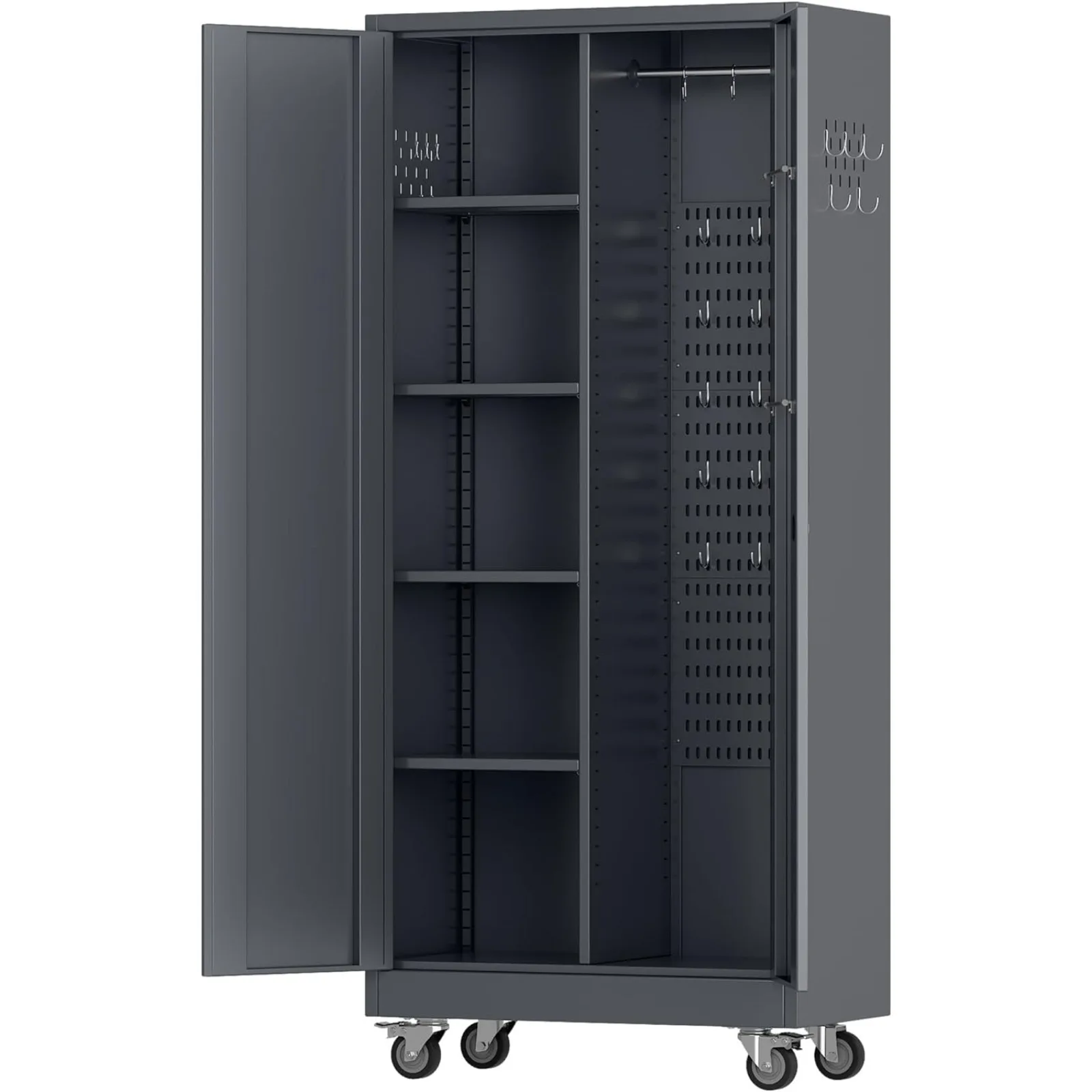 US Metal Storage Cabinet, Garage Storage Cabinet with Lockable Doors and 4 Adjustable Shelves, Tool Cabinet with Wheels