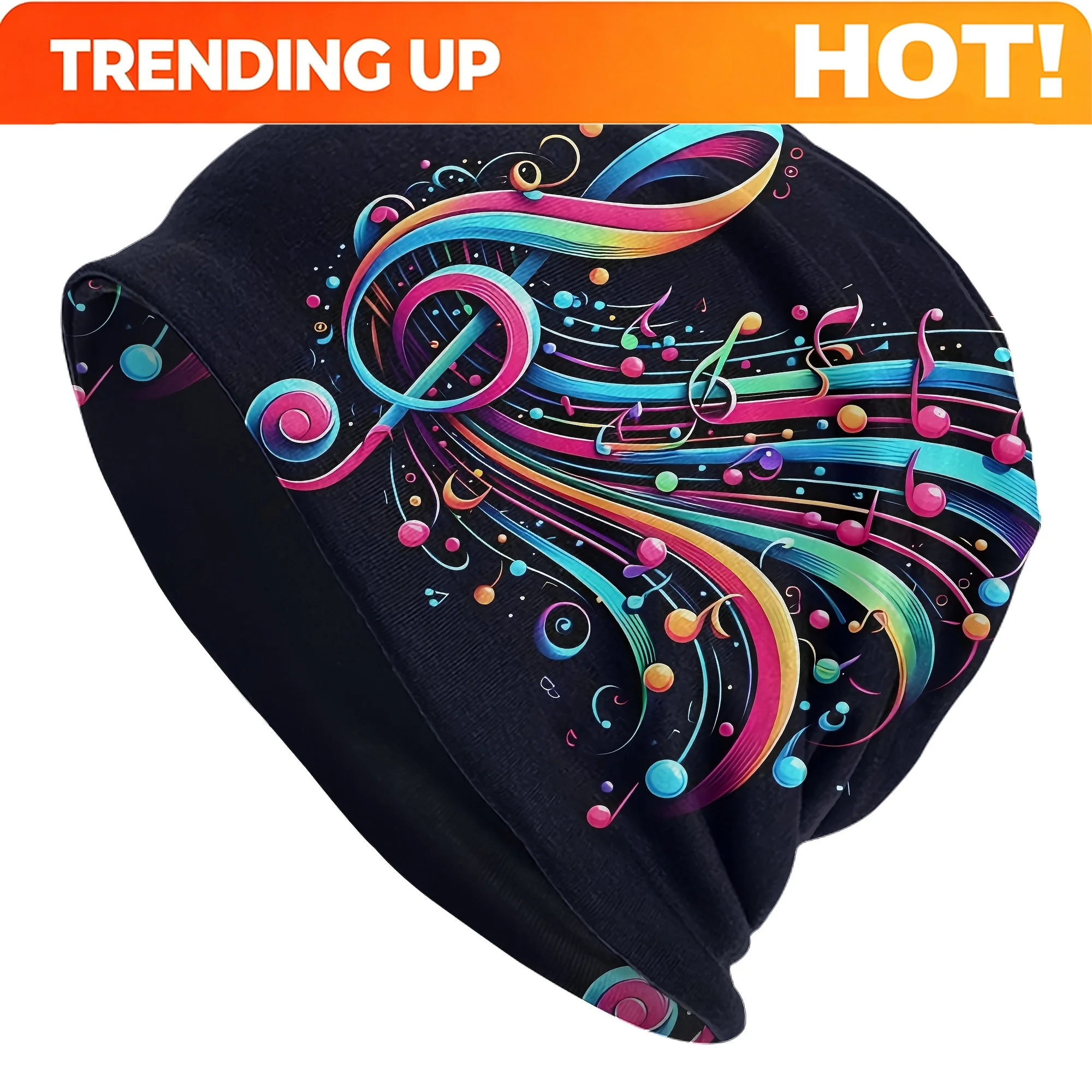 Customization Black Music & Treble Clef Beanie Hat - Soft Stretchy, Hand Washable, Elastic For Concerts, Birthdays, Daily Wear,