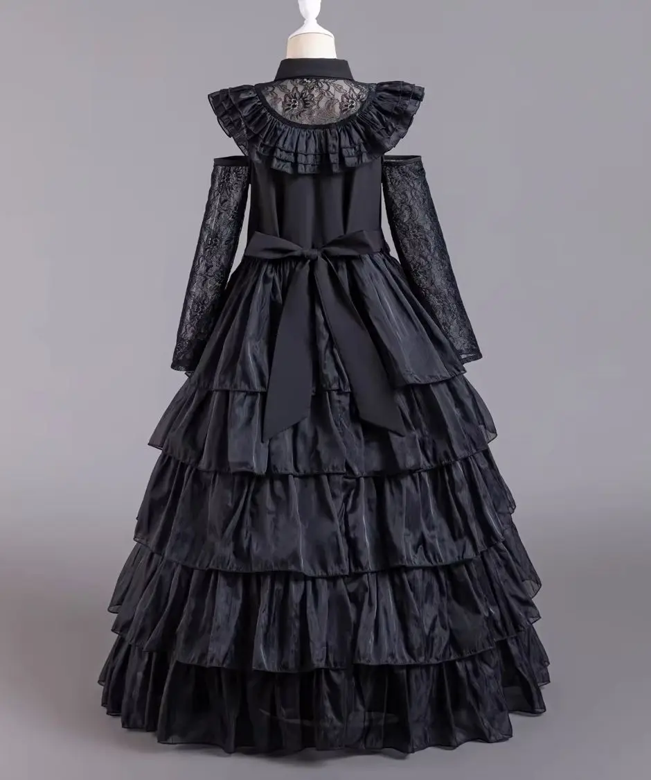 

Girls Black Dress for Halloween Elegant Princess Party Dresses for Teenagers Formal Lace Prom Long Sleeve Clothes 8-10 Years