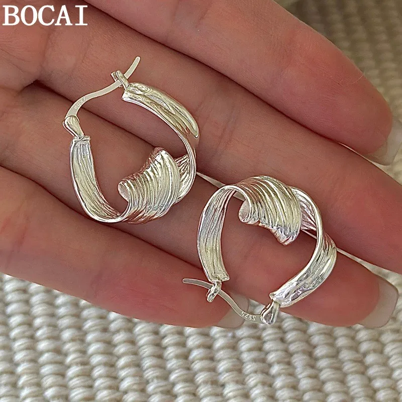 

BOCAI NEW S925 Sterling Silver Jewelry Vintage Niche Pleated Textured Ear Loops Women's Selected Gift