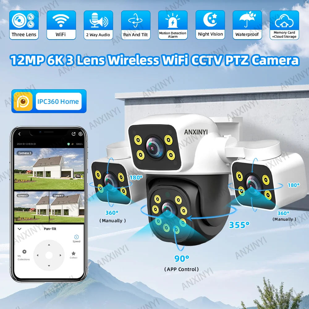6K 12MP IPC360 المنزل واي فاي ثلاثة شاشة ثلاثة عدسة Ai إنذار الحركة كاميرا فيديو حماية الأمن مراقبة مقاومة للماء