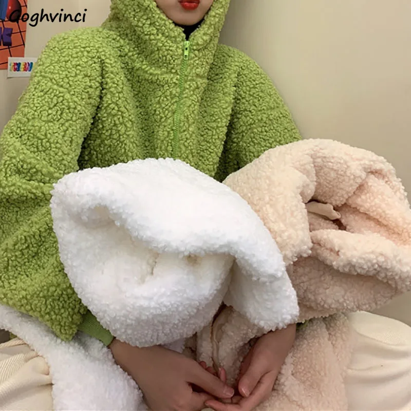 Women with Hat Hoodies Sweatshirts Zipper Solid Simple Lambswool Loose Warm Thicken Aesthetic Basic 2XL Sweet Korean Trendy