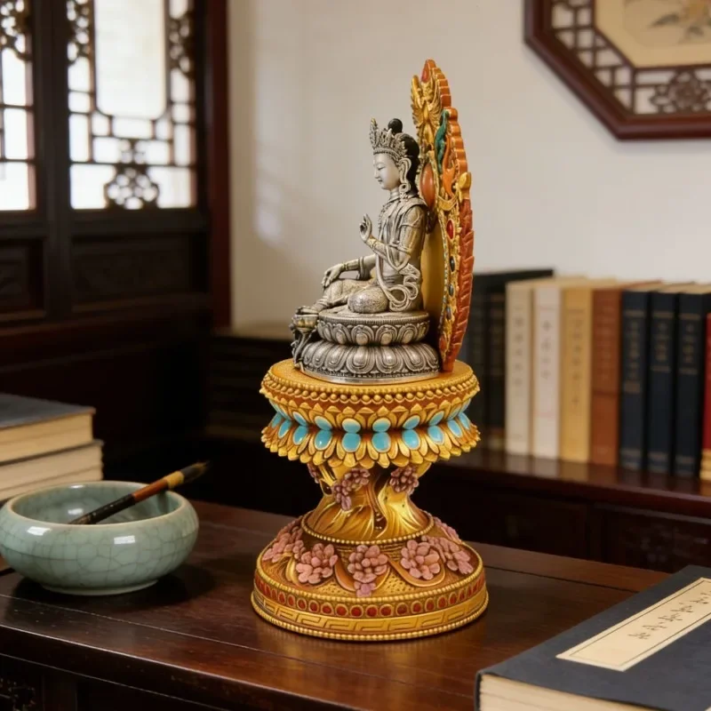 Tibetan Style Buddha Statue Throne Resin Golden Painted Gem Inlaid Lotus Buddha Seat With Garuda Bird Carving Decor Ornament