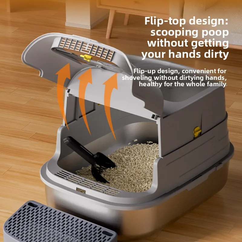 

Очень большой закрытый лоток для кошек из нержавеющей стали с высокими бортиками, защитой от брызг, крышкой и легкой очисткой, автоматический самоочищающийся лоток