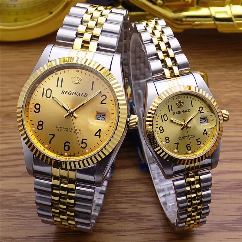 REGINALD Top Brand Luxury Dress Women's Watches Gold Face 316L Stainless Steel Band Auto Date Quartz Wristwatches Lady Watch