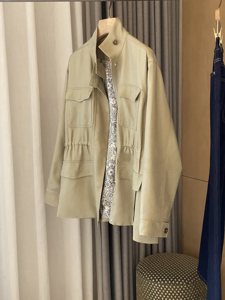 

Spring women's casual solid color retro workwear with drawstring windbreaker jacket for women