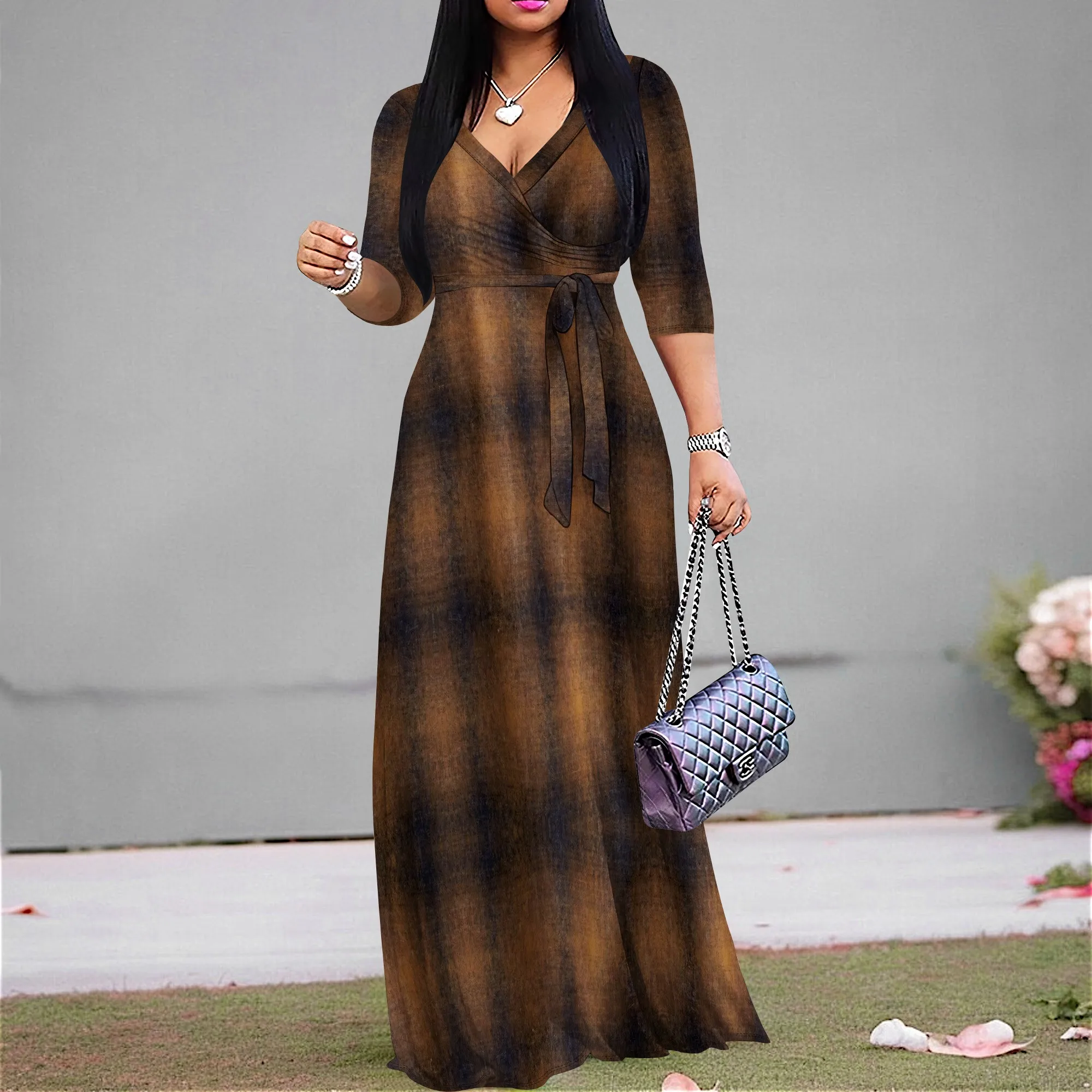 

Women's Embroidered Polyester Denim Style 3/4 Sleeve Tie-Front Dress Grayish Blue Casual