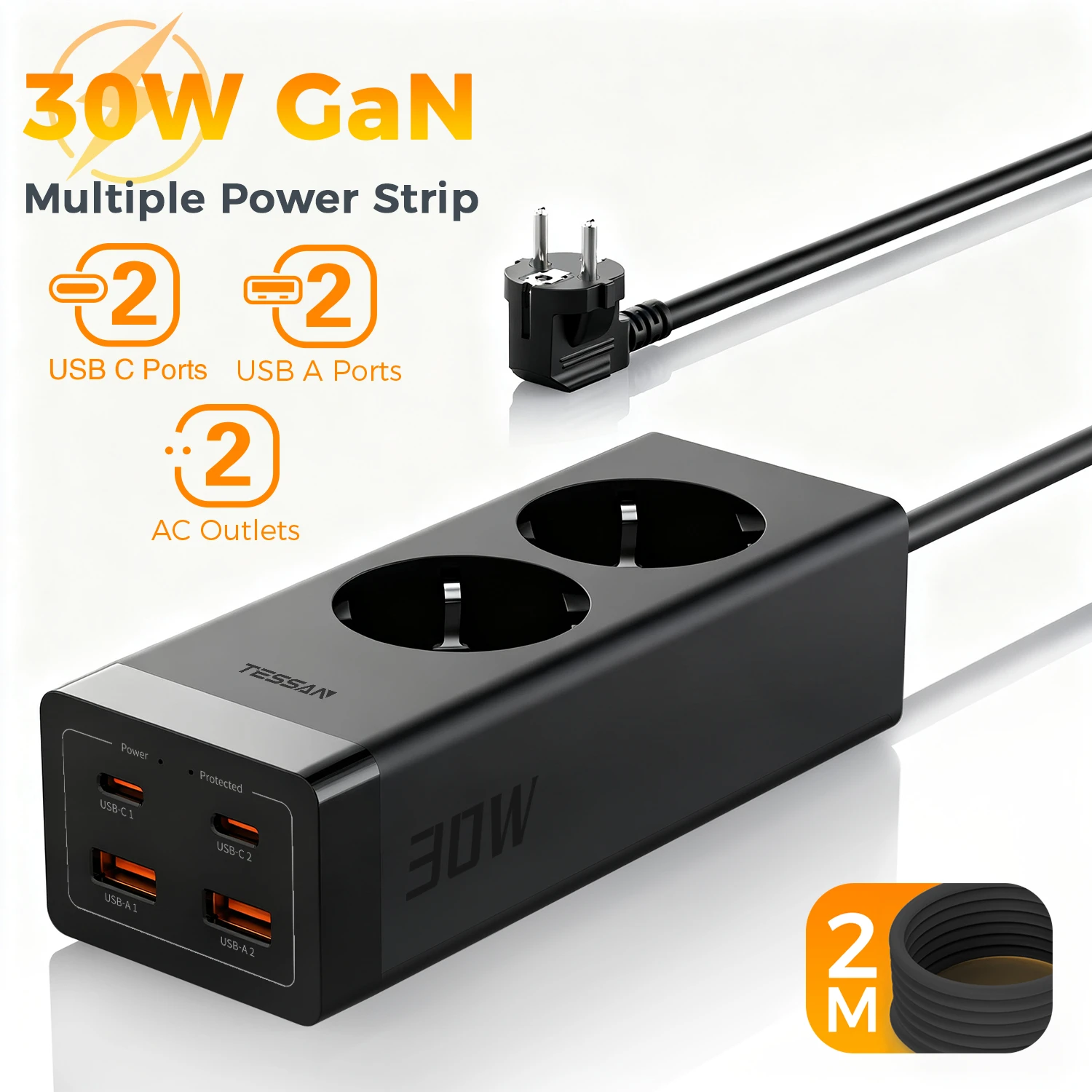 TESSAN 3600W overspanningsbeveiliging stekkerdoos GaN 2-weg stekkeradapter met 4 USB snel opladen Meerdere stekkers met 2M kabel voor thuis