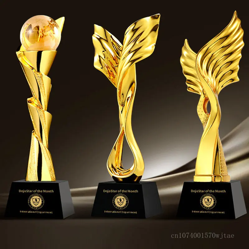 Customized Gold-plating Resin Trophy Award Souvenir, Excellent Character, Home Decoration, Creative, Crystal Base, Engraving 1Pc