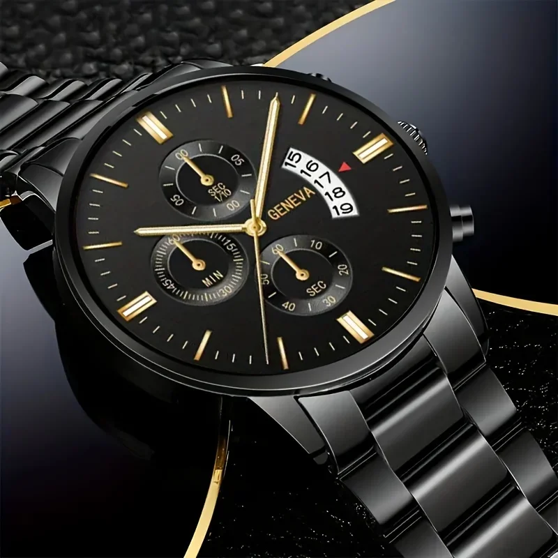 Durable Stainless Steel Mens Quartz Watch - Fashionable Casual Style  Matching Bracelet Set PreciseTimekeeping for the Stylish