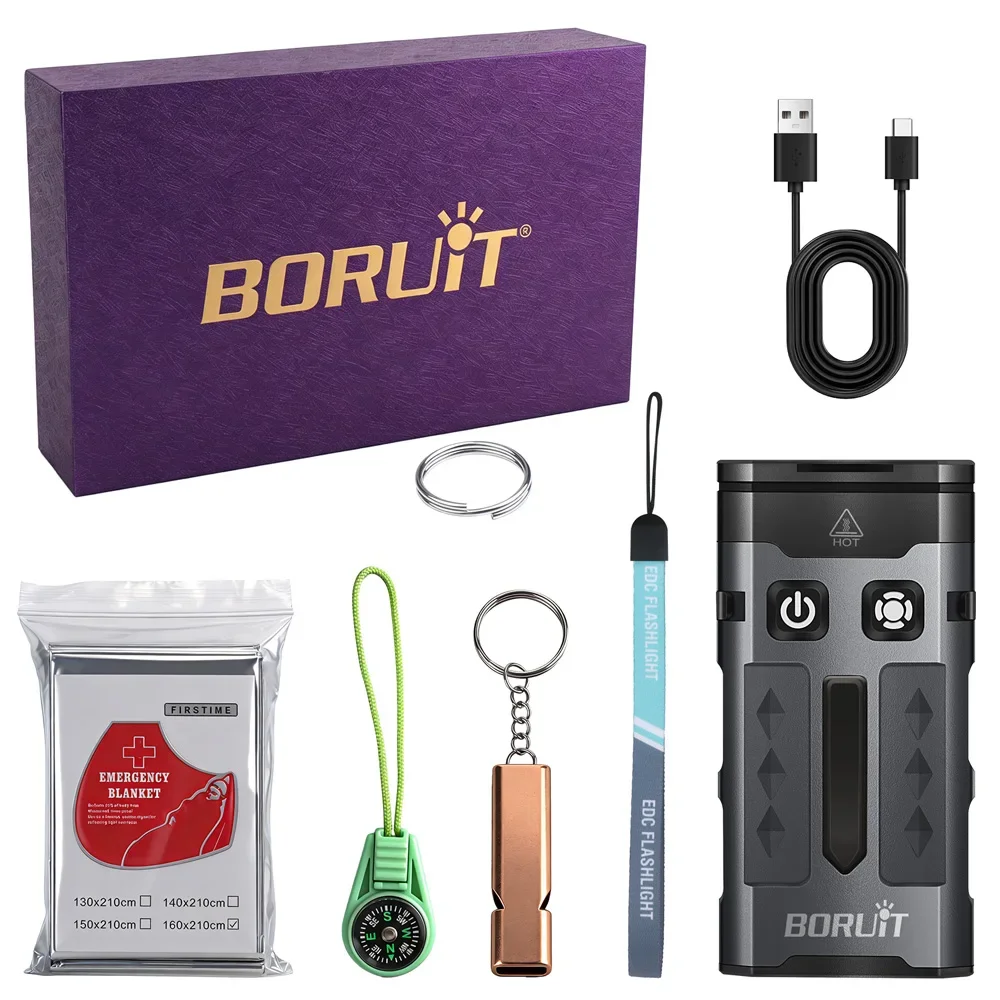 BORUiT EV20 Mini EDC Flashlight 1100LM UV Purple Light Aluminum Alloy Rechargeable Torch with Whistle Compass Emergency Kit