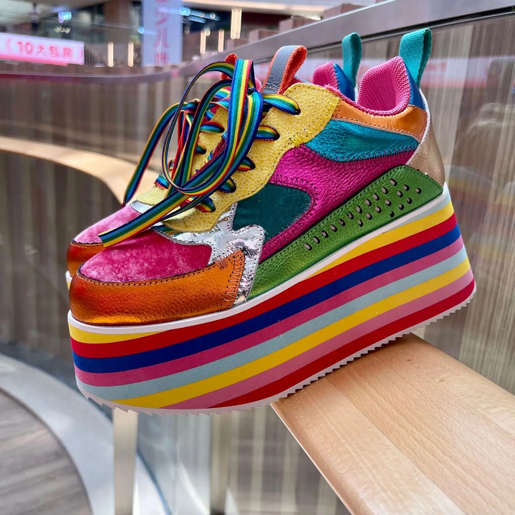 Women Rainbow Shoes High Heels Platform Girl Chunky Sneakers Colorful Mixed Color Fashion Luxury Brand Thick Sole Multi-color