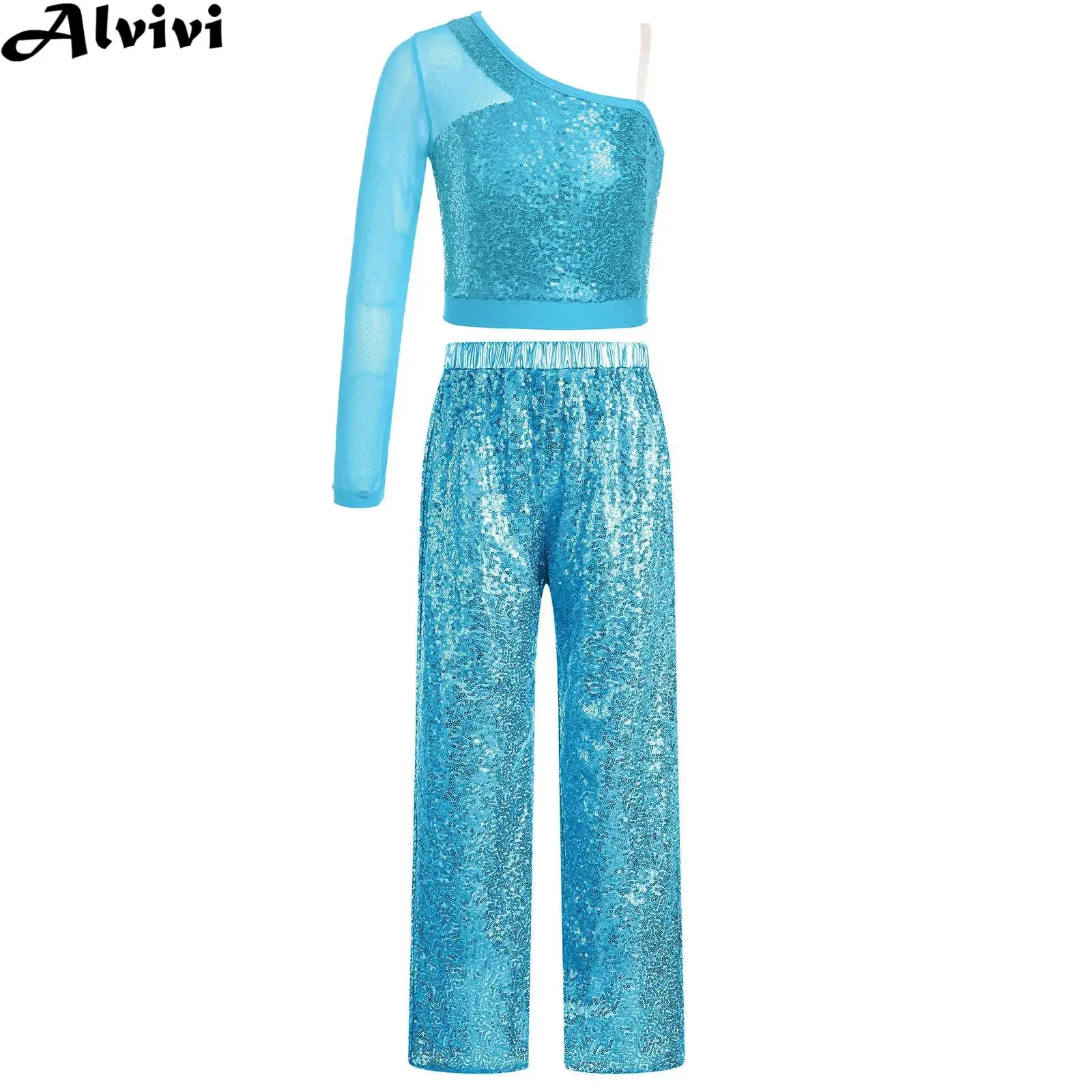 Girls Sequin One Shoulder Sheer Mesh Crop Top with Pants Hip Hop Jazz Dance Cheerleading Performance Costume for School Party