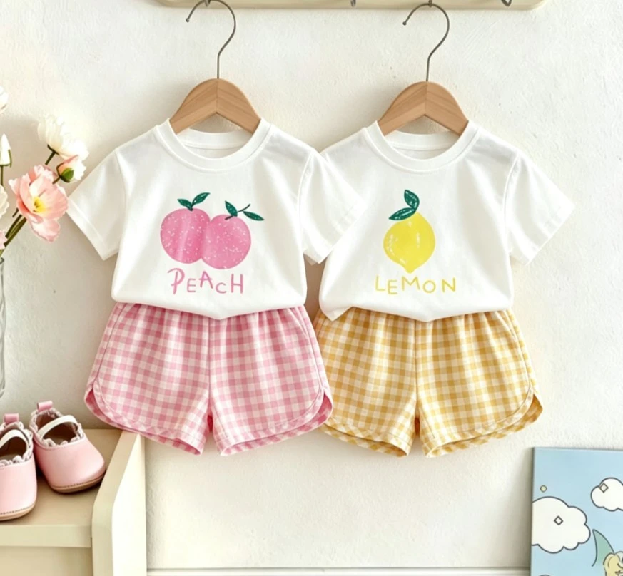 Kids Daily Wear Tees Children Basic Short Sleeve Cotton T-Shirt And Plaid Shorts Small Kid Simple Tops+Pants Set Child Clothing