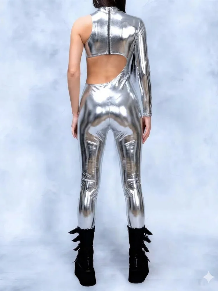 Damen Glänzender Metallischer Spandex-Unitard, Unregelmäßiger Jumpsuit mit Einem Arm, Halloween-Karnevalsparty Zentai-Kostüm mit Halbarm – Detail 7