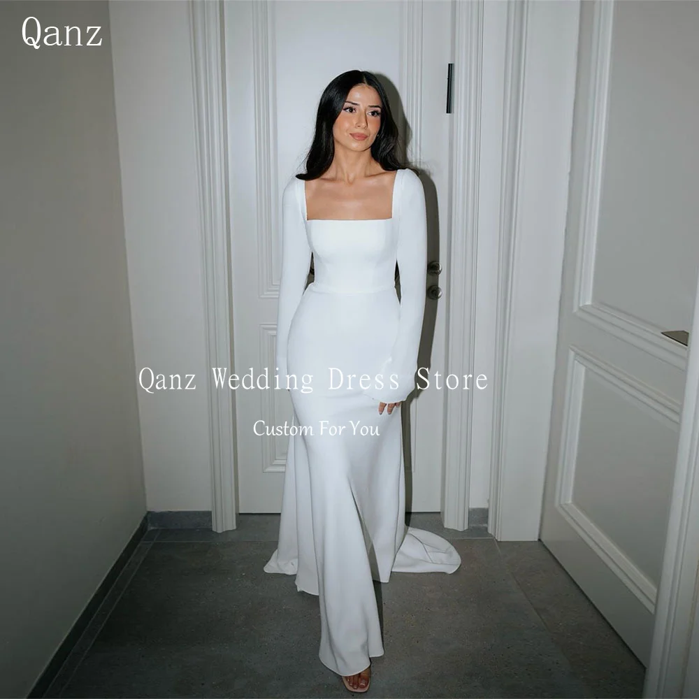 

Qanz Minimalism Wedding Dress Women Vintage Satin Long Sleeves Mermaid Bridal Gowns Vestidos De Novia Boda Civil Customized