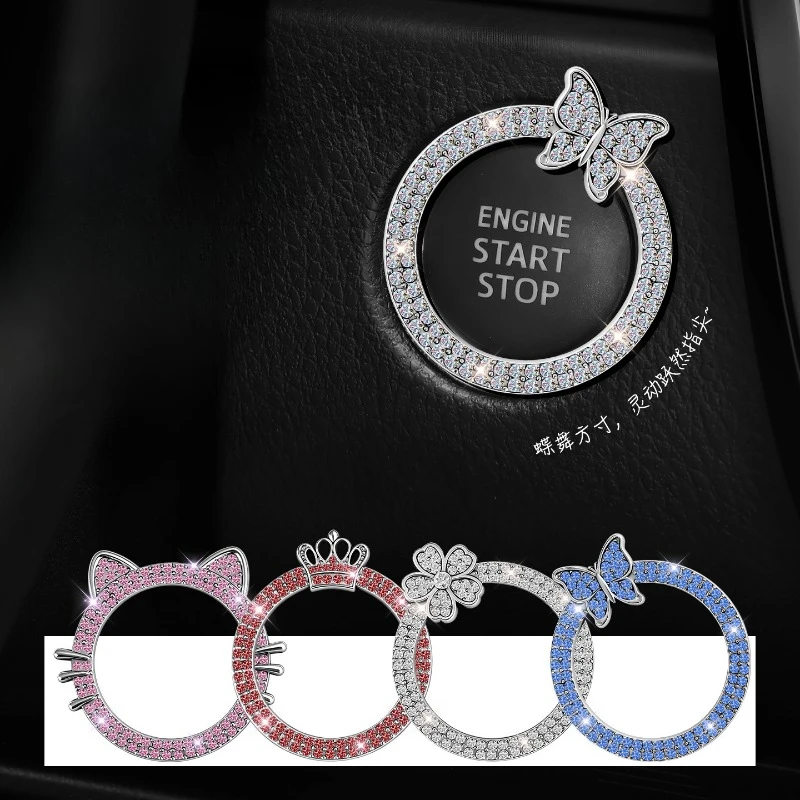 Car One-key Start Decorative Ring with Double Crystal Butterfly Ignition Ring Ignition Switch Button Decoration Universal