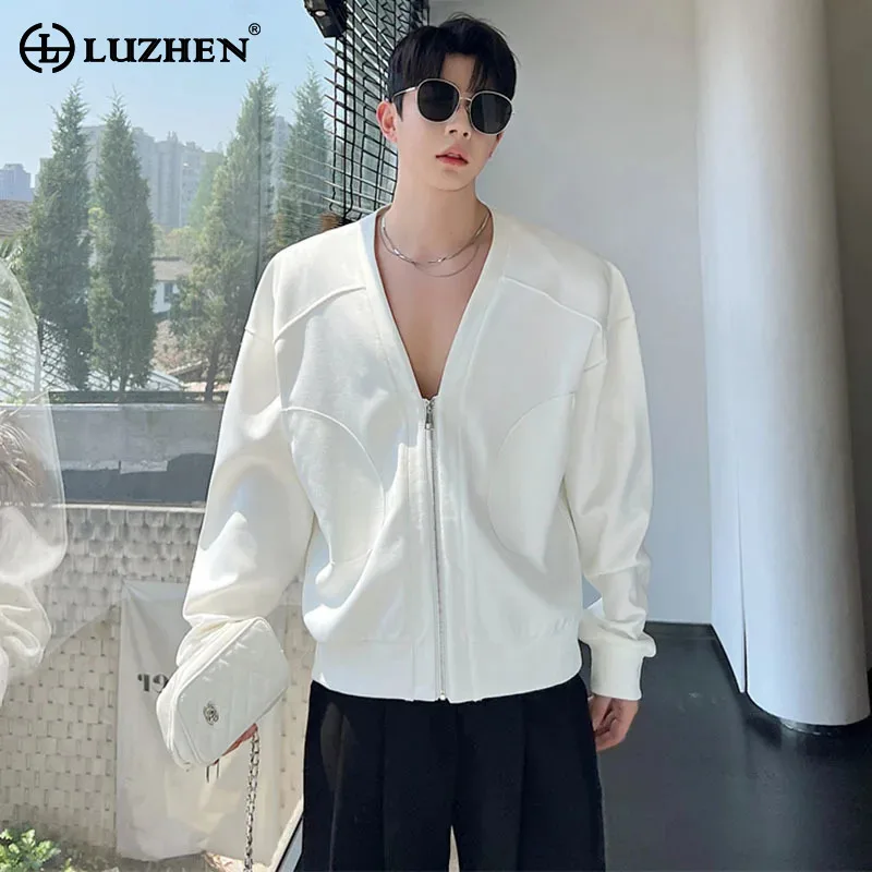 

LUZHEN Korean Clothes Big V Neck Elegant Jacket Men Fashion Casual Street Sweatshirt Trendy 2024 Casual Coats Youth New LZ6145