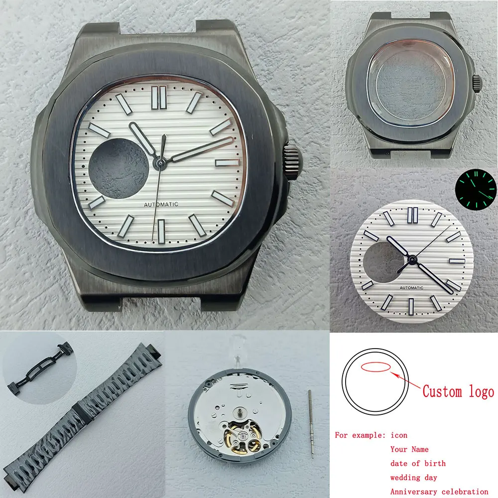 43mm NH38 Silver watch case suitable for NH38 movement mounted 316L stainless steel 10bar waterproof sapphire glass