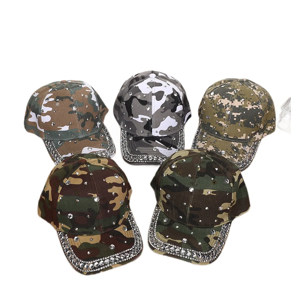 Camouflage Baseball Cap With Rhinestone Decor Military Green Snapback Peaked Hat Y2K Casual Dad Trucker Sunscreen Caps 5