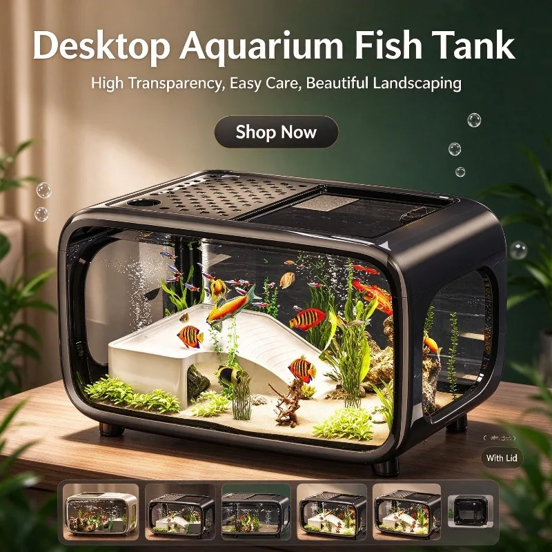 Aquarium Fish Tank Small Desktop High Transparency Shatterproof with Lid Ecological Landscape Fish Bowl Home Decor