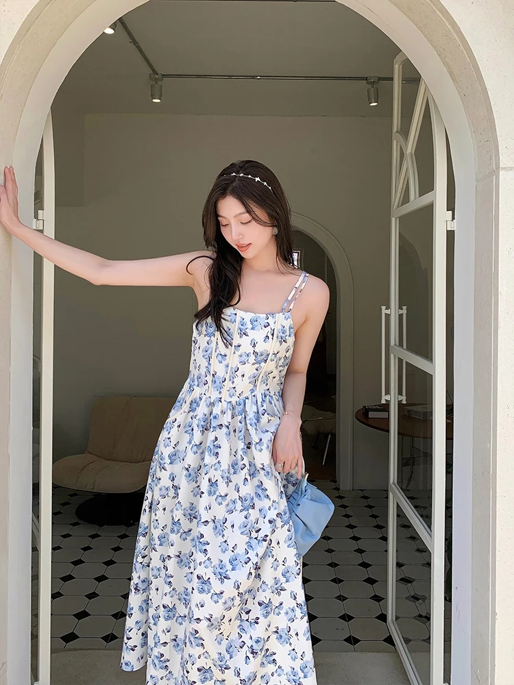 

LREEDOM Summer New High Waist Floral A-Line Dr Women's Strapl Long Dr Commute Sle One-Piece Polyester Fiber